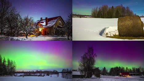 cuatro tomas de paisajes con astrofotografía nocturna de aurora boreal