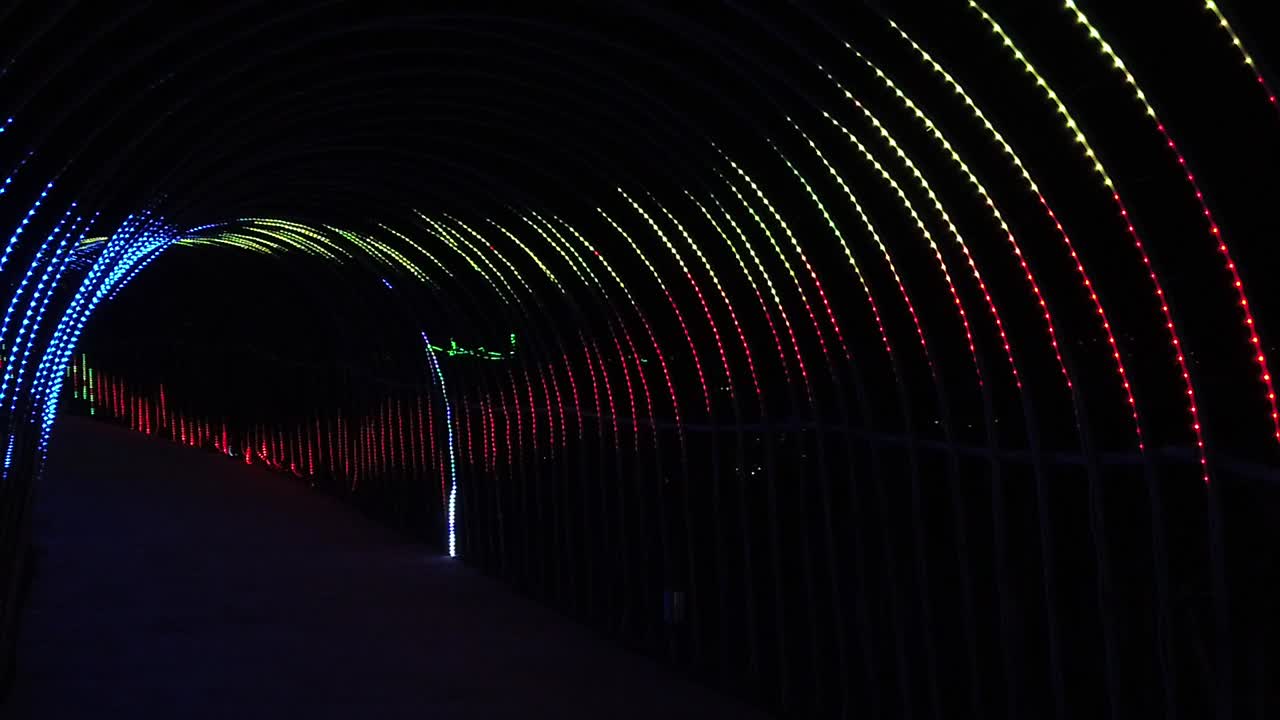 LED Lighting Festival In the Park Walking Through LED Tunnel - Slow Mo
