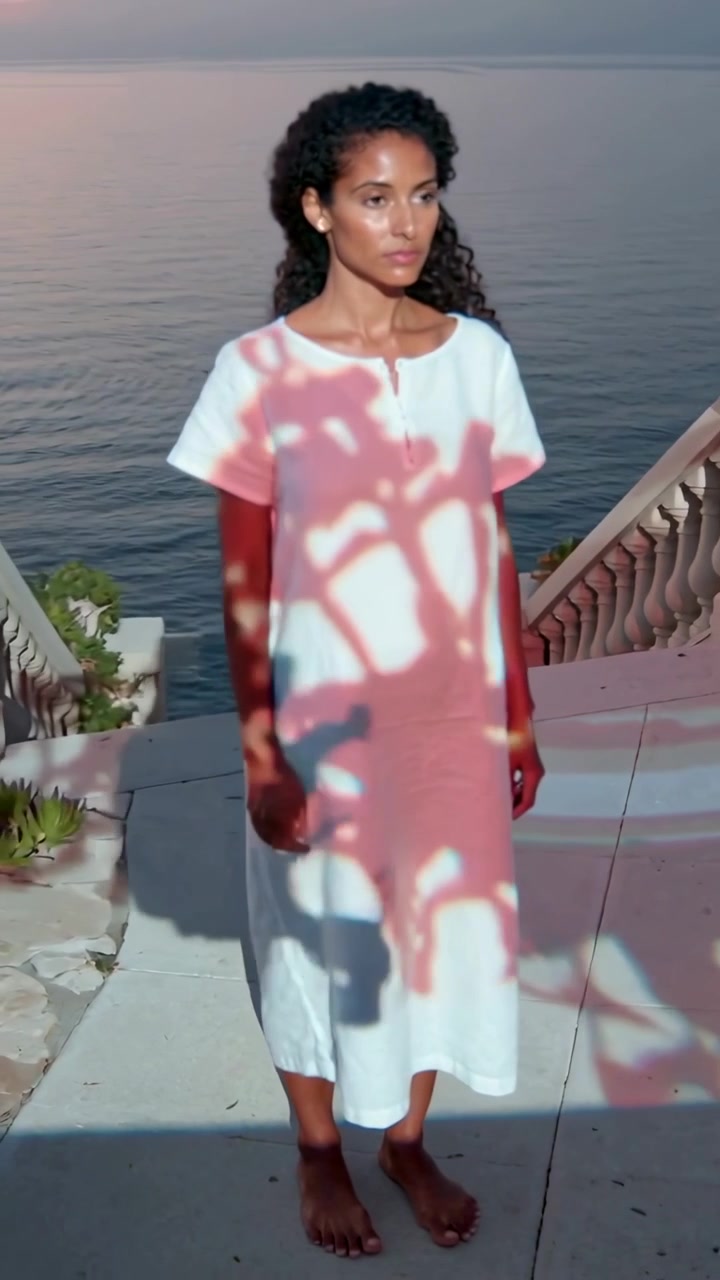 Video verticale: Proiezione che inizia, modella in costume da bagno che posa a piedi nudi con un vestito bianco vicino a una balaustra e al mare