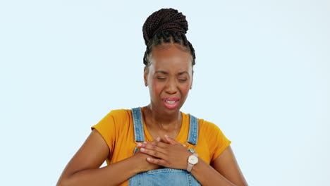 black woman, hands on chest and heartburn pain