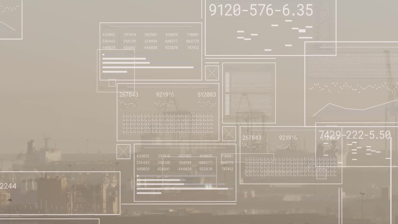 안개로 인 도시 풍경에 대한 변화하는 숫자, 원 및 로딩 바의 애니메이션