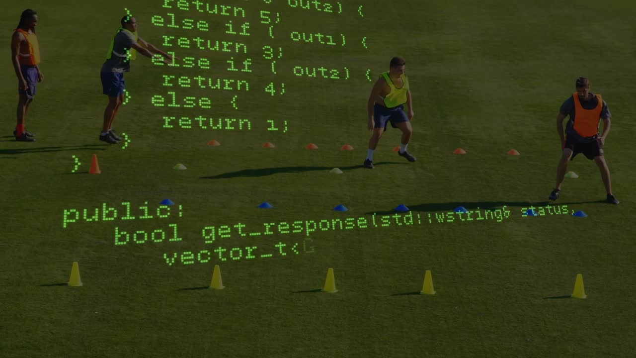 Data processing against two male soccer players performing push up exercise on sports field