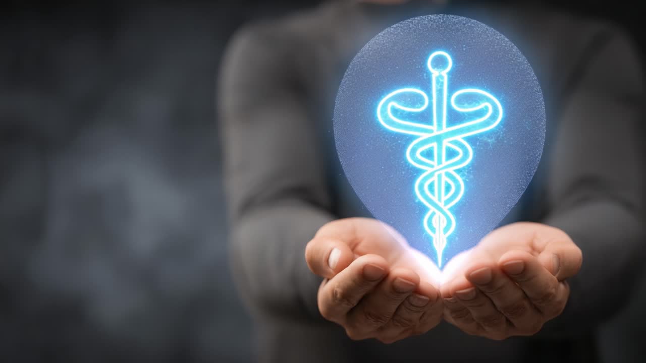 Un simbolo di guarigione e cura: mani che sorreggono un emblema medico luminoso, che rappresenta salute, benessere e supporto.
