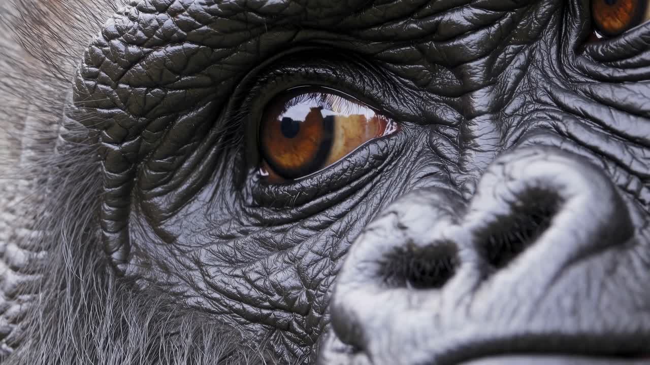 Close-up video shot of a gorilla's eye, showcasing detailed textures and rich colors