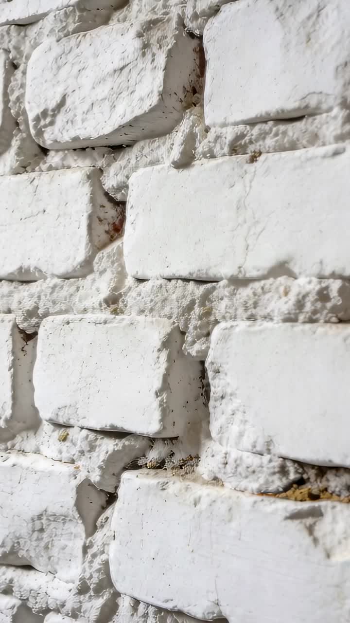 Video verticale: Telecamera in panning che si concentra su mattoni dipinti all'interno, evidenziando la polvere di malta scheggiata.