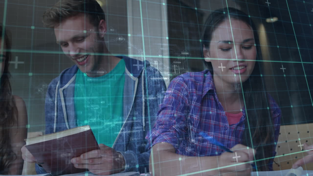 animación de la red de cuadrícula contra un grupo diverso de estudiantes que estudian y discuten en la universidad.