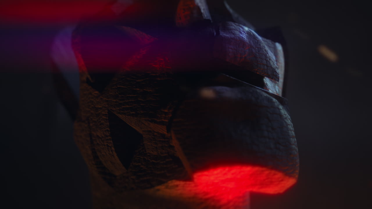 Crushed and burned android head on spike in hell