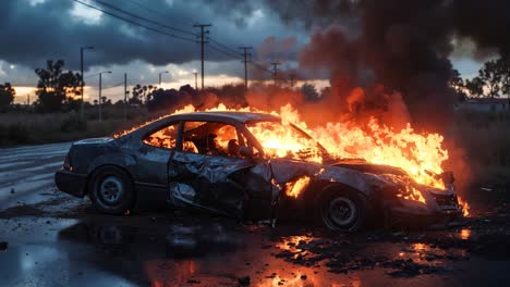 a burnt out car on fire on the side of the road