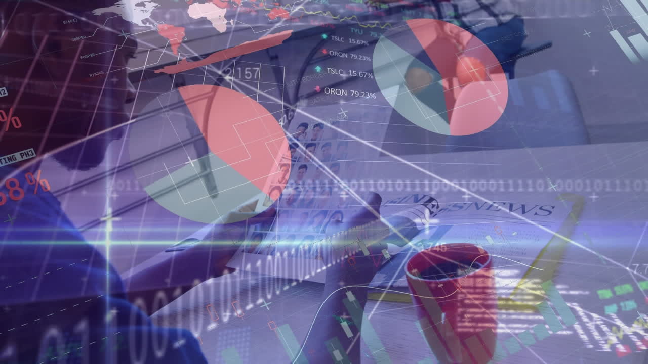 animación de estadísticas, codificación binaria y procesamiento de datos financieros sobre el hombre de negocios