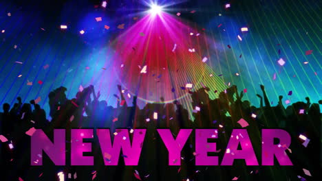 animation of happy new year text and confetti over people dancing on blue background