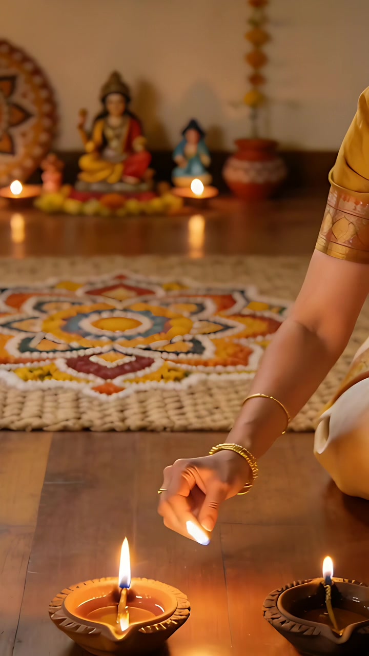 Video verticale: Donna in sari che entra, accendendo diya a terra con rangoli per la puja, spazio per il testo