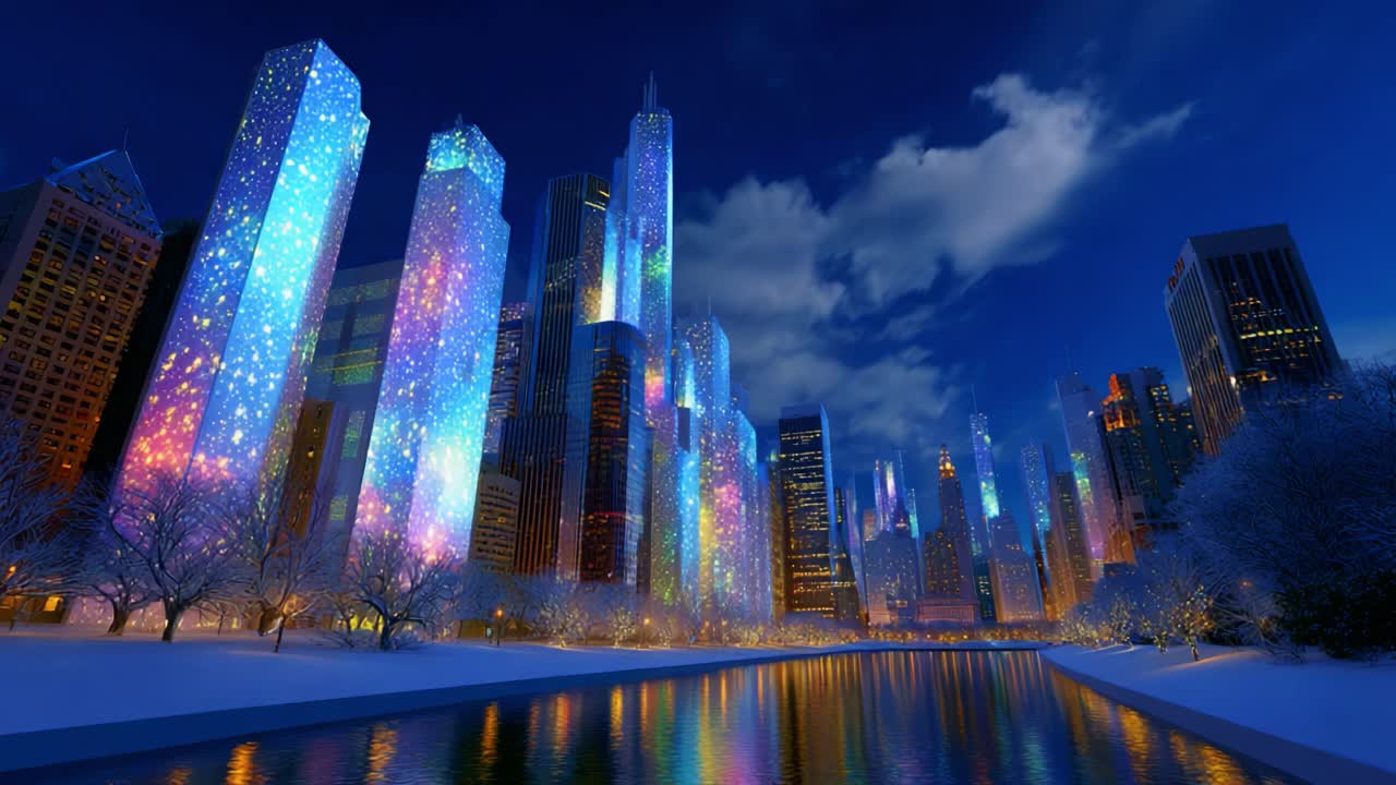 A Stunning Display of Vibrant Illuminations on Skyscrapers Reflecting Against the Calm River Under a Starry Night Sky, Creating a Magical Urban Wonderland with Brilliant Colors and Winter Serenity