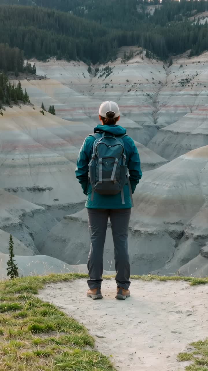 Video verticale: orlo a vista, escursionista in pausa che osserva il canyon dal bordo con giacca verde acqua e zaino