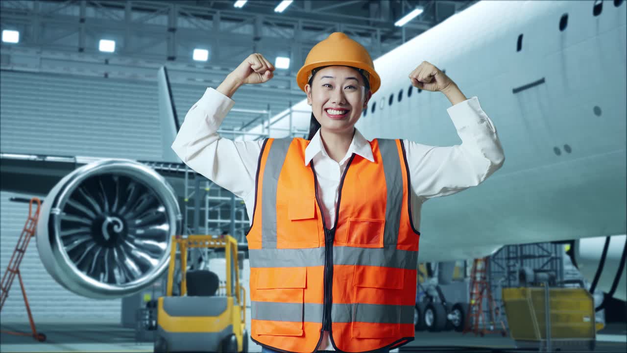 행복한 여성 항공기 엔지니어가 거에 있습니다.