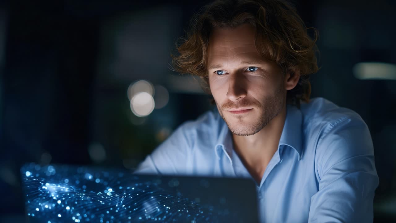 A focused man engaging with futuristic technology on his laptop, showcasing a world of digital possibilities and intricate data visualization at night