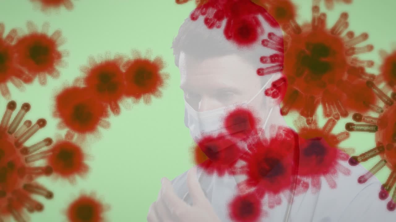 Male doctor adjusting surgical mask on green screen, responding to drifting red virus overlays