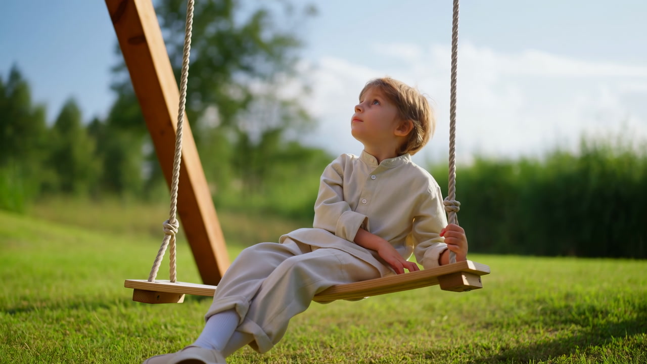 Young White Boy On Wooden Swing, Sunlit Garden, Green Grass, Rope Swing Gently Swaying, Thoughtful Upward