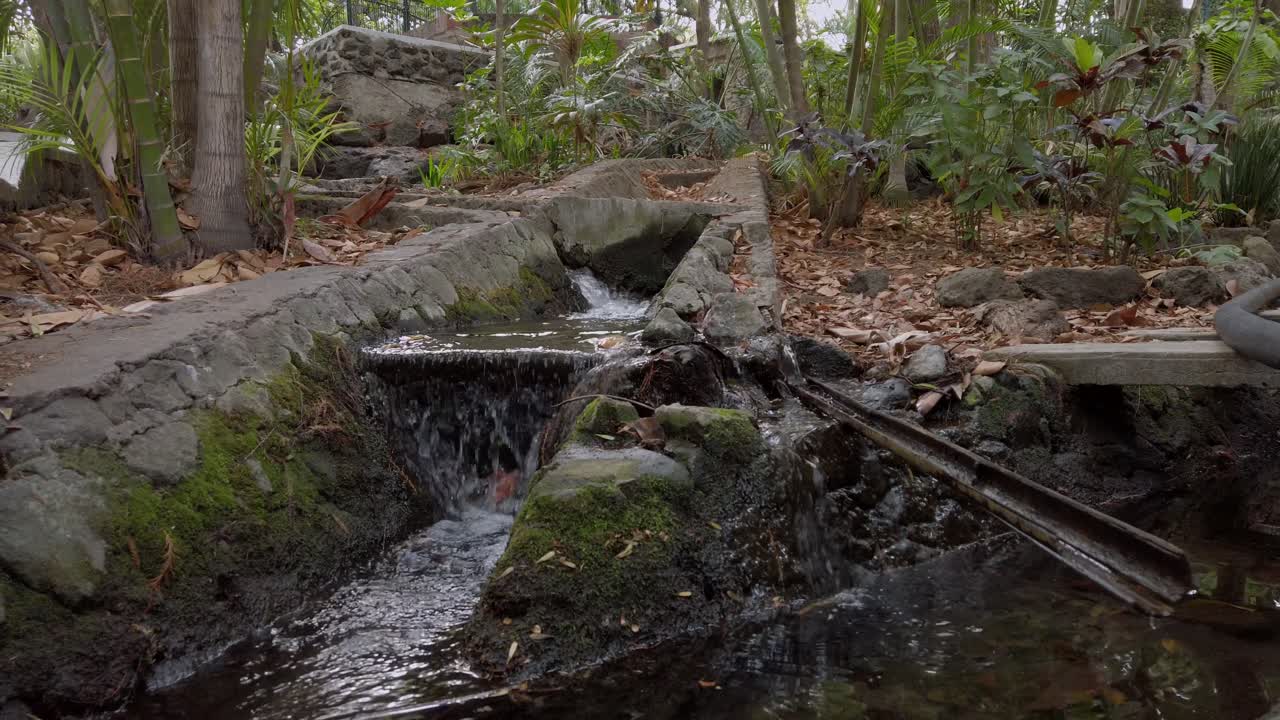 Flowing water stream moving through concrete channel in park, surrounded by stones, moss and greenery, natural outdoor scene with gentle cascade and peaceful environment