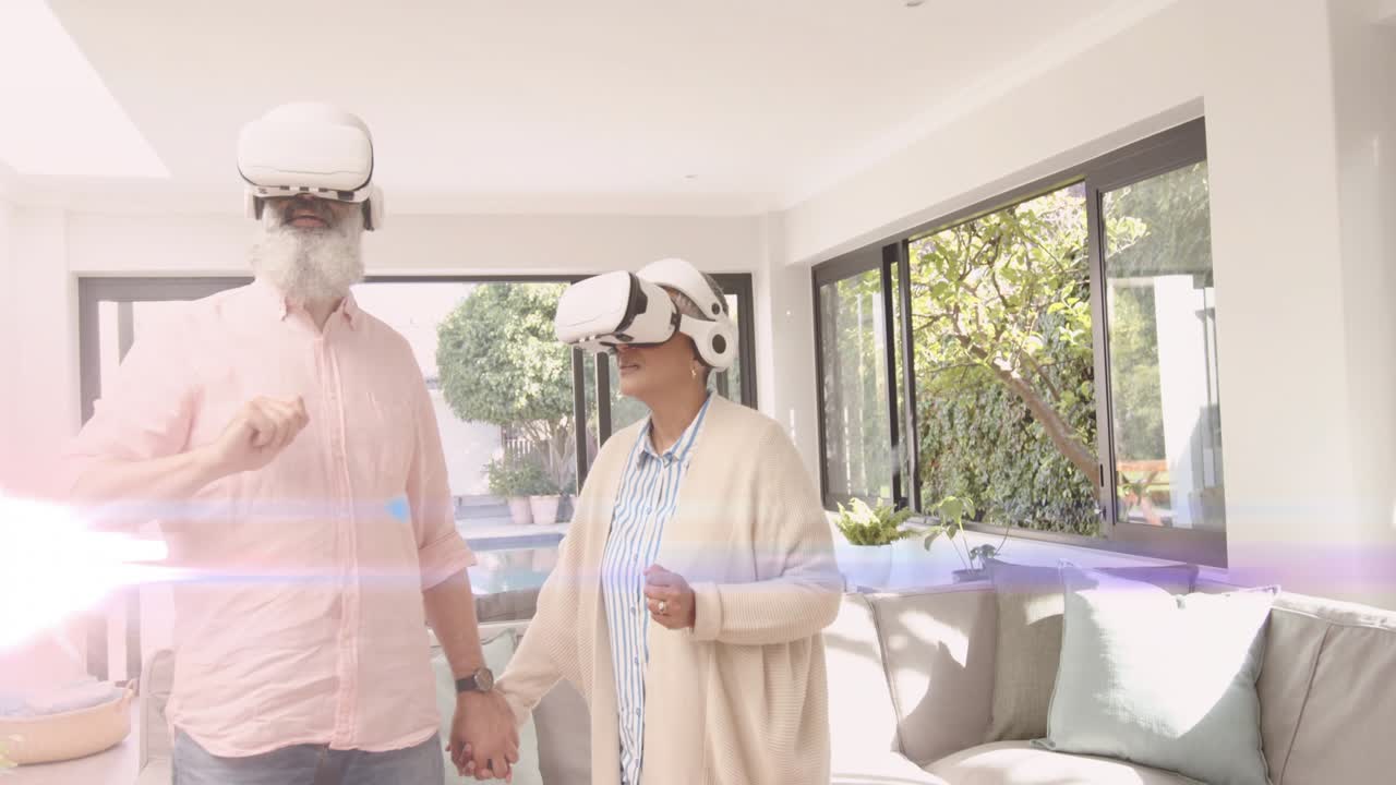 Man raising hand, tapping headset, couple holding hands and exploring animated technology interface