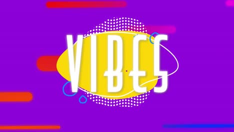 Digitale-Animation-Von-Vibes-Text-Und-Mehreren-Abstrakten-Formen,-Die-Sich-Auf-Violettem-Hintergrund-Bewegen