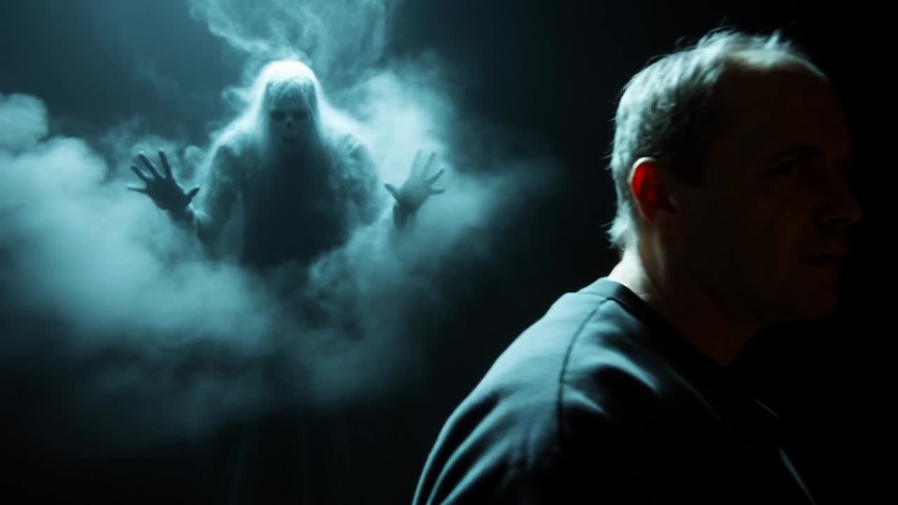 Mysterious figure emerging from fog. A ghostly figure with white hair appears in a dense fog, creating an eerie and unsettling atmosphere in dim light.