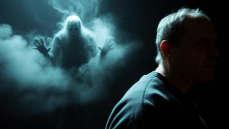 mysterious figure emerging from fog. a ghostly figure with white hair appears in a dense fog, creating an eerie and unsettling atmosphere in dim light.