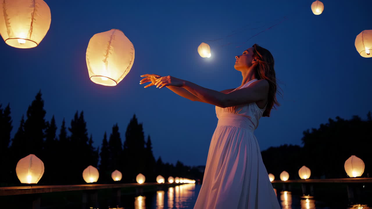 Woman Launching Sky Lanterns at Night