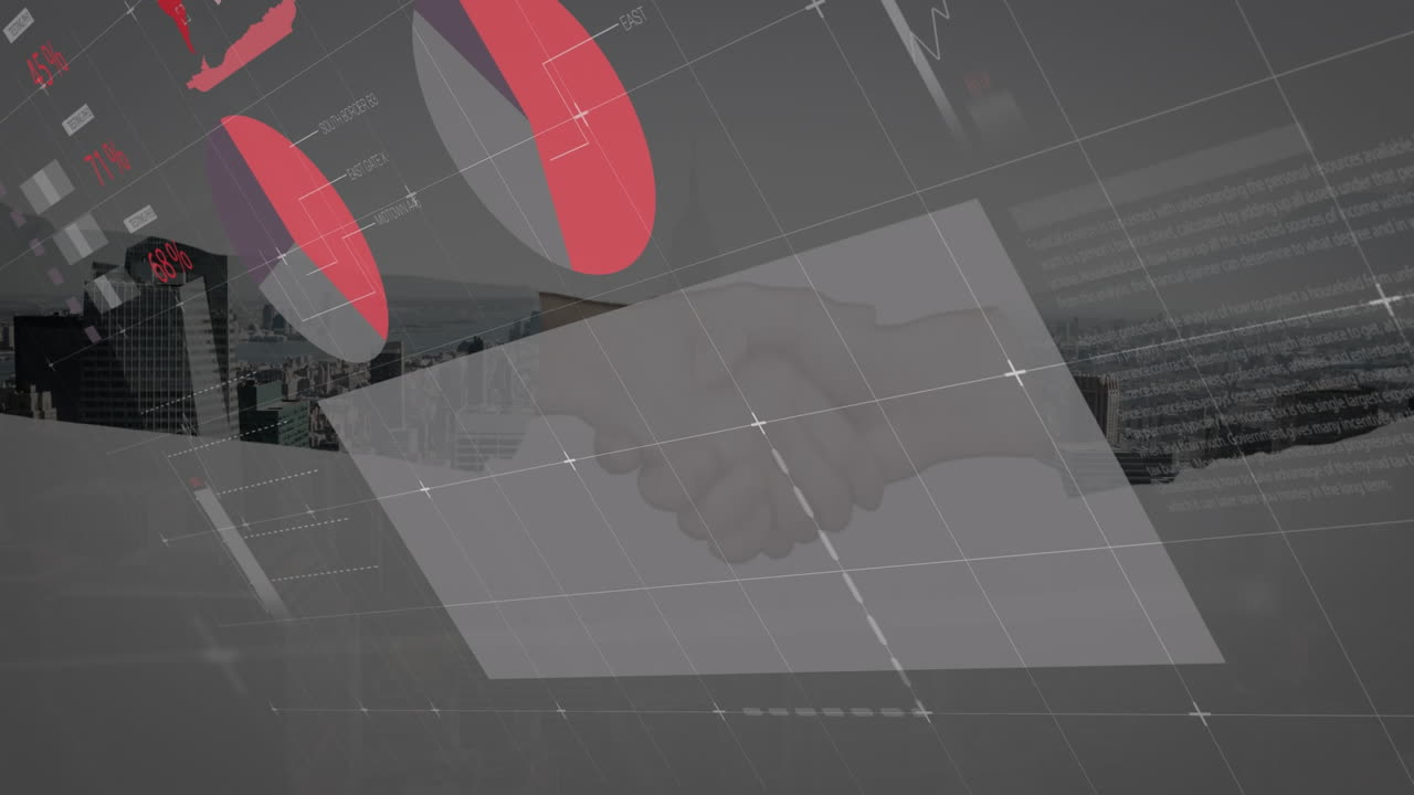 카우카스계 사업가들이 손을 흔들고 있는 금융 데이터의 애니메이션