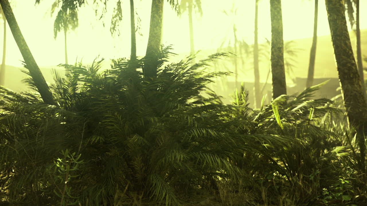vegetación tropical exuberante bañada en la suave luz del sol durante las primeras horas de la mañana
