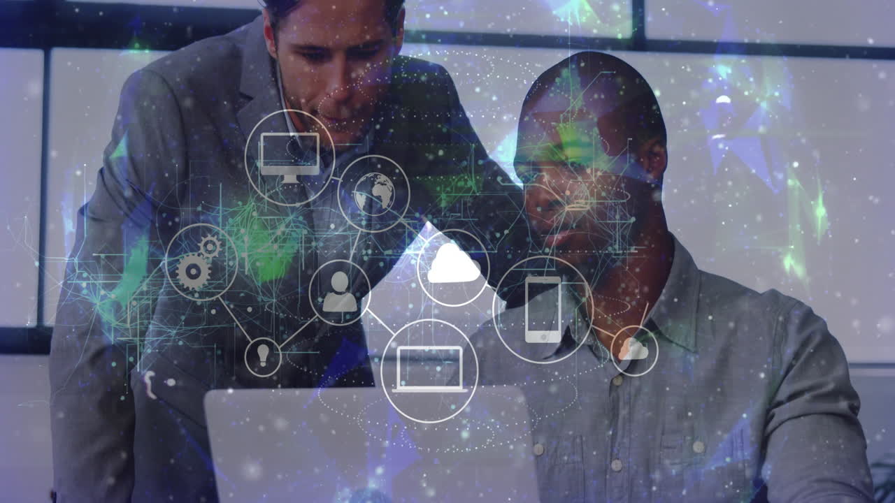 Collaborating on computer, two men with digital network animation overlay