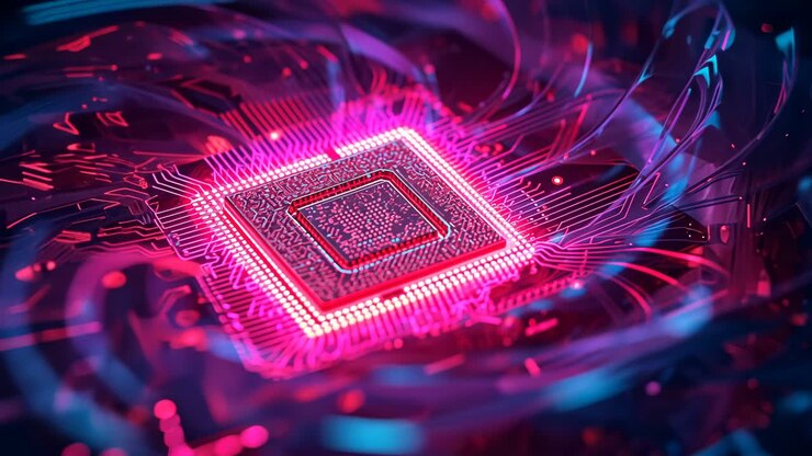 Powering neon-pink microchip pulsing on circuit board, with glowing data wires and currents