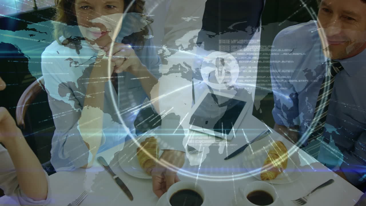 Data processing animation and world map overlay during business meeting with coffee