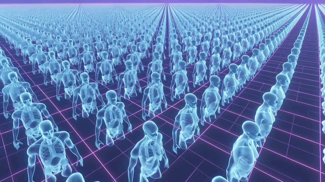 Telecamera che si sposta in avanti a destra, mostrando scheletri ciano traslucidi che marciano su una griglia neon magenta.