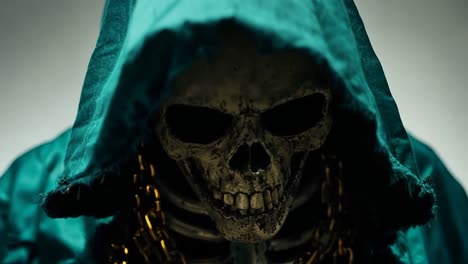 a skull wearing a hooded cloak with chains around its neck