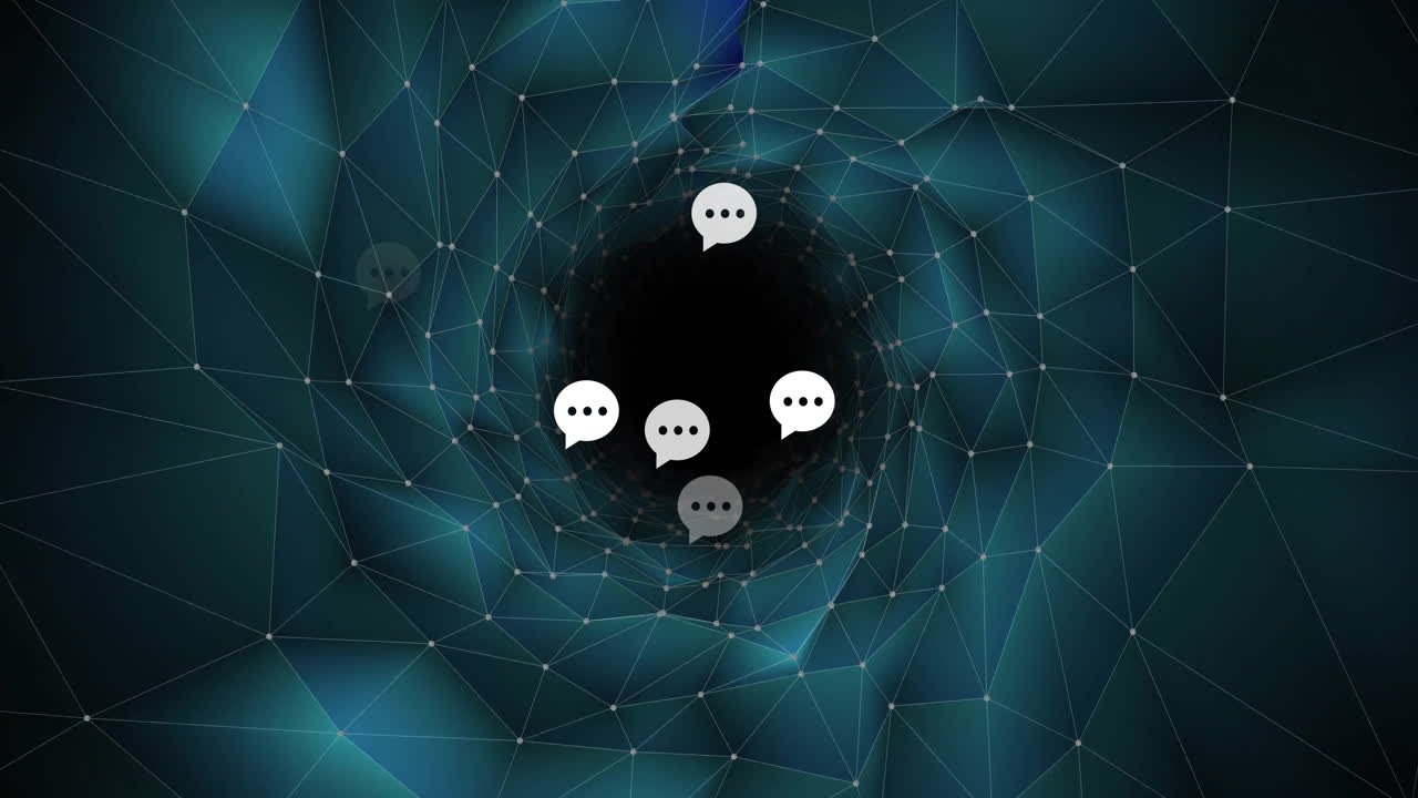 Speech bubble icons floating inside spiraling network vortex, forming mesh in teal flat design