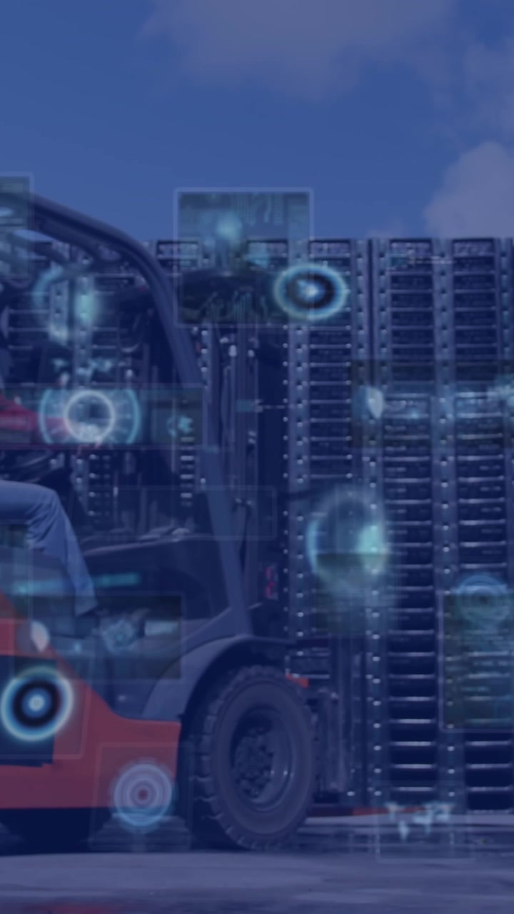 Animazione dell'elaborazione dati con scansione a raggio su un lavoratore caucasico in un magazzino