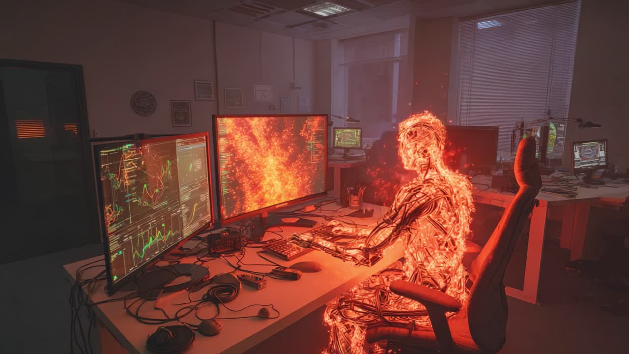 A digital scene depicting a glowing, fiery figure seated at a desk amid multiple screens, symbolizing the fusion of technology and human creativity in a modern workspace environment