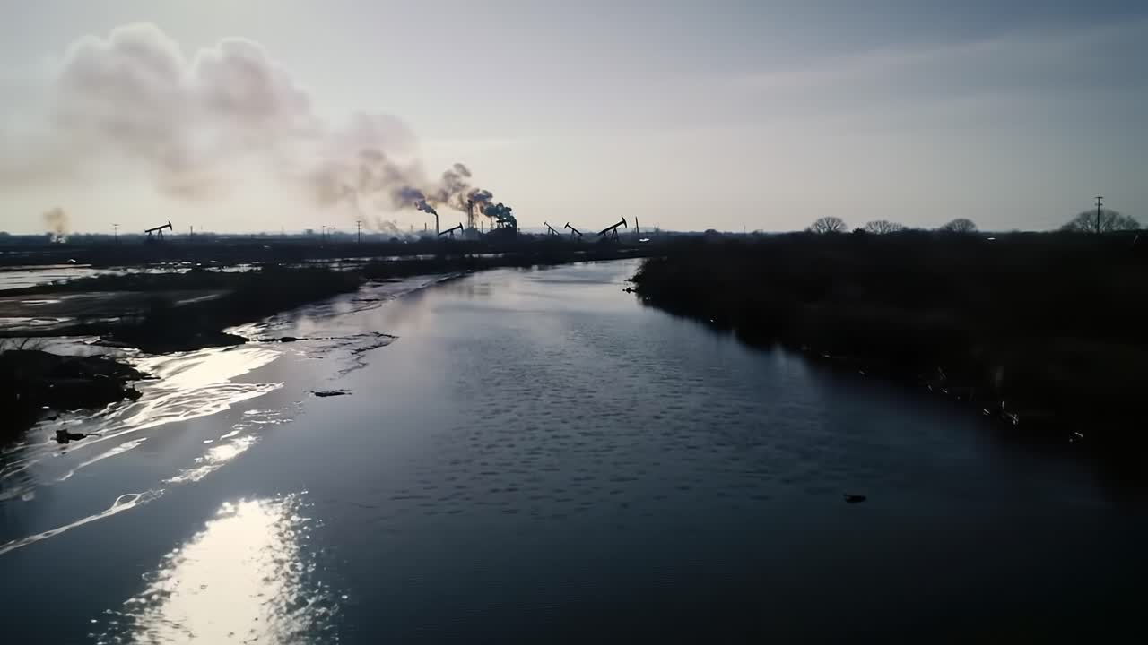 A Serene Waterway Framed by Industrial Smokestacks: Exploring the Contrast Between Nature and Industrial Development in a Scenic Landscape