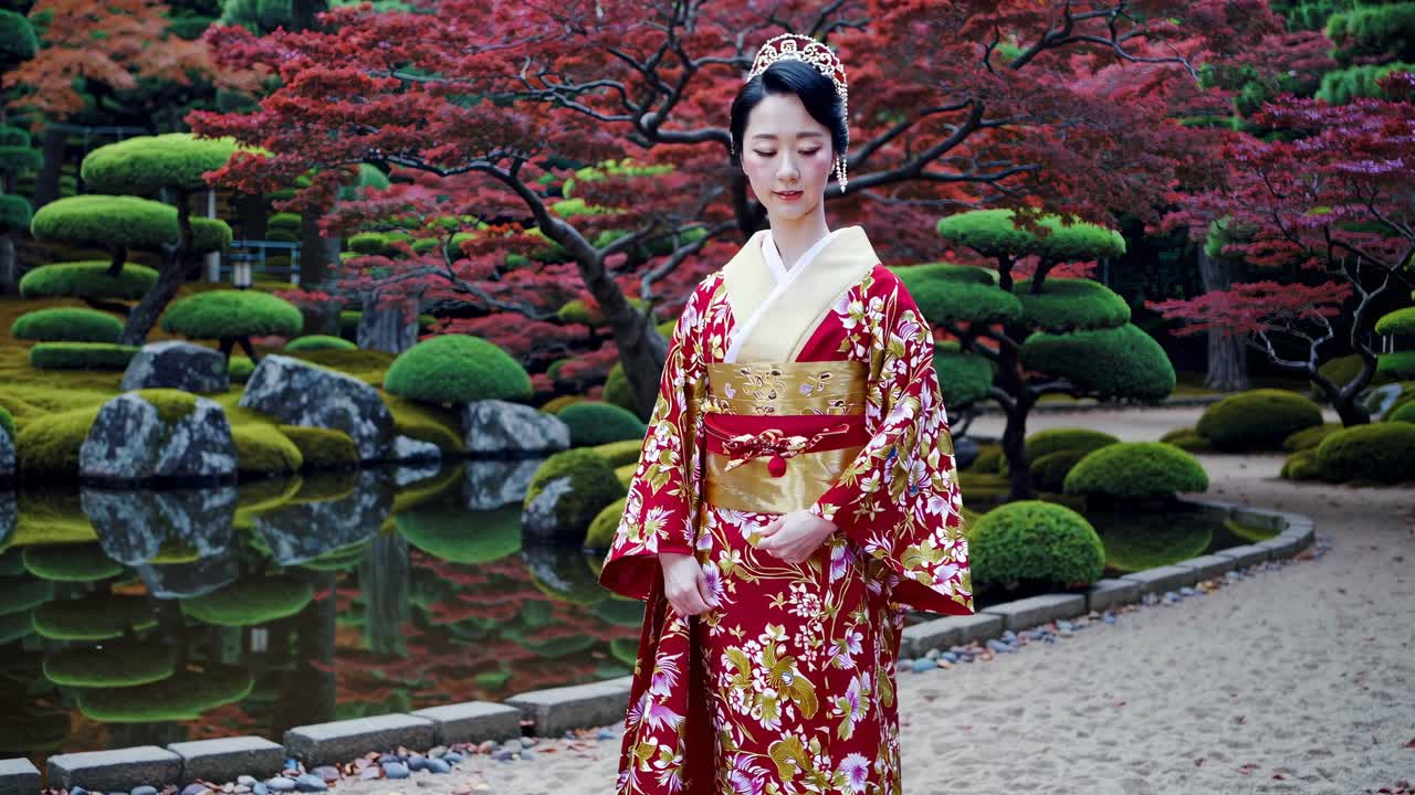 A serene video scene of a woman in a traditional kimono, captured from a side angle, set