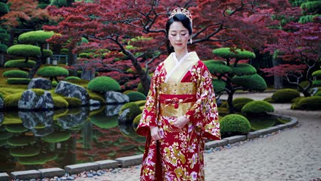 a serene video scene of a woman in a traditional kimono, captured from a side angle, set