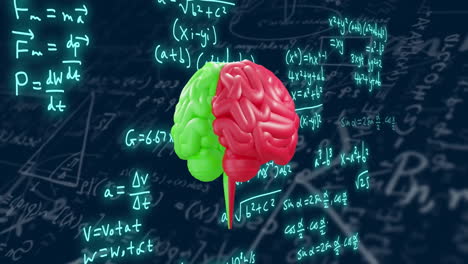modelo cerebral con ecuaciones matemáticas animación sobre fondo oscuro