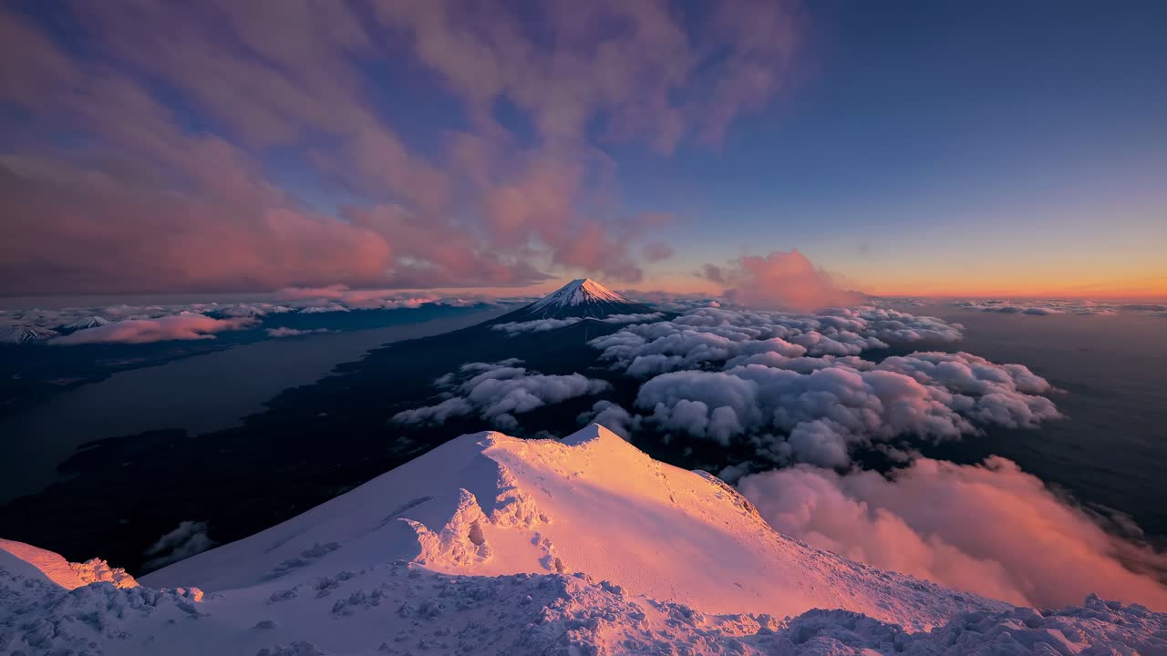 Aerial video captures a breathtaking mountain landscape at sunset, with snow-covered peaks