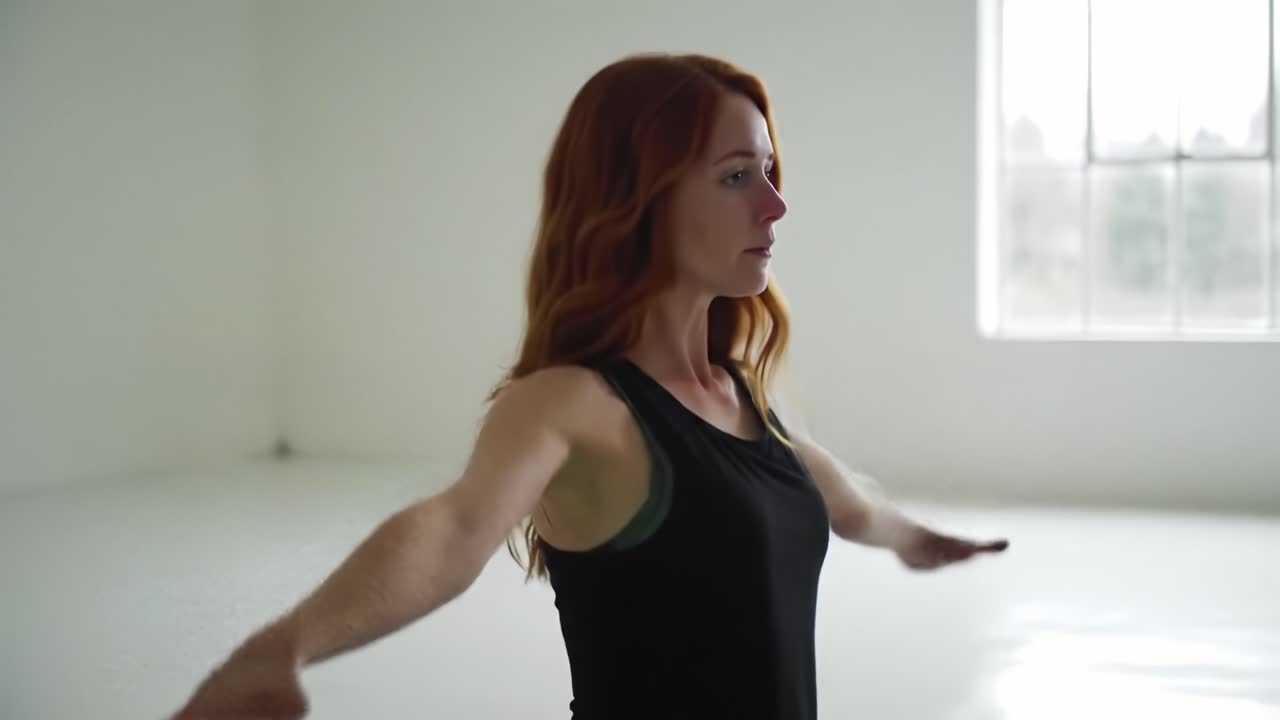 A graceful journey of movement and mindfulness captured in serene studio, showcasing a woman transitioning through yoga poses for balance and wellness practice