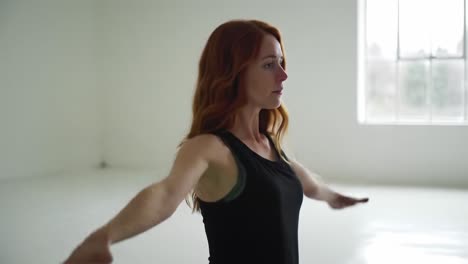 a graceful journey of movement and mindfulness captured in serene studio, showcasing a woman transitioning through yoga poses for balance and wellness practice