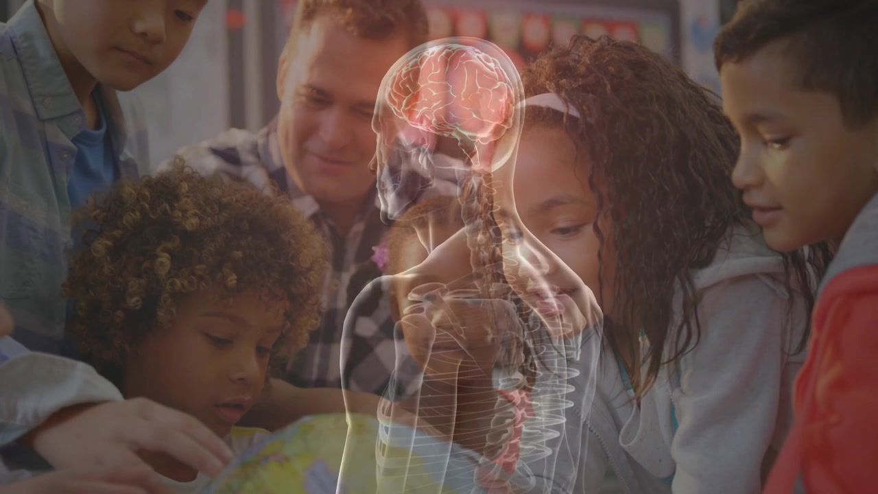Teacher guiding kids at globe, child touching faint overlay turning, showing brain, spine education