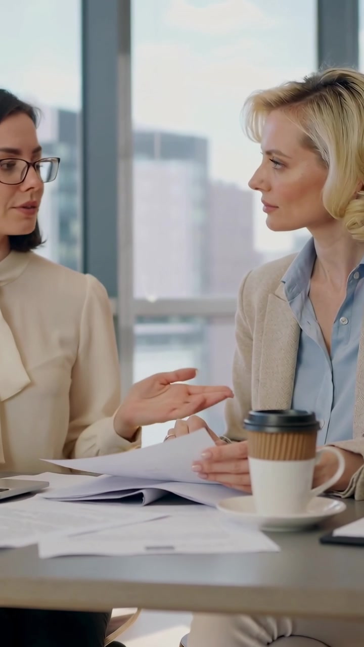Video verticale: Donna con gli occhiali che si protende, esortando la donna in blazer che sfoglia documenti, rivedendoli in ufficio.
