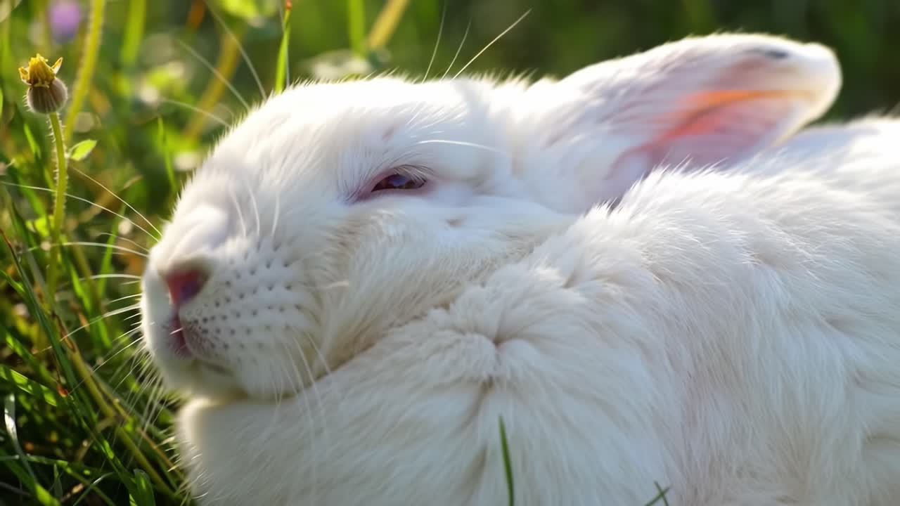 Serene Moments of a White Rabbit Relaxing in Nature among Vibrant Green Grass under Soft Sunlight
