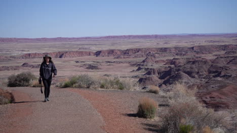 photographe de paysage féminin sur le sentier de randonnée du désert, parc national de la forêt pétrifiée, arizona usa, ralenti plein cadre