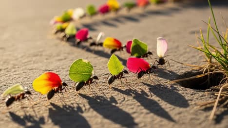 ants carrying colorful petals and leaves in a lively procession across a sunny surface, showcasing their teamwork and nature's beauty