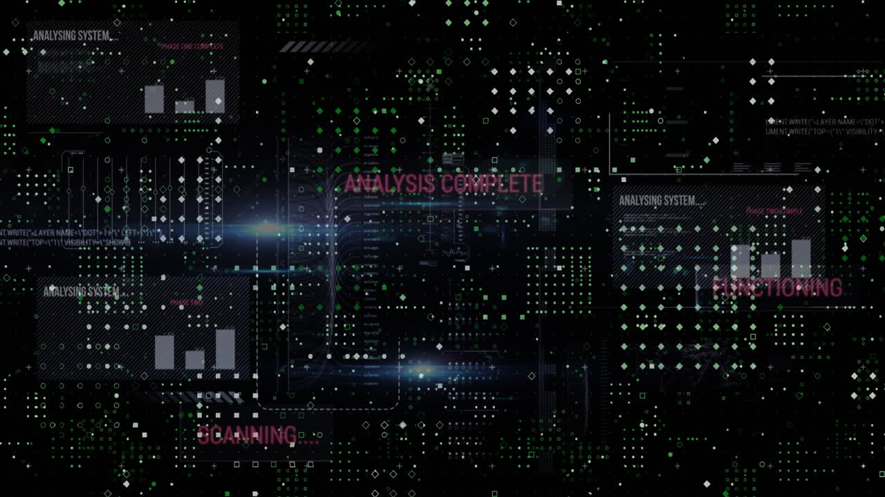 Animation of multiple texts, lens flares, bar graphs and dots forming abstract pattern